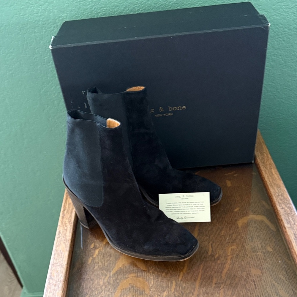 rag & bone Black Suede Chelsea Booties with Stacked Heel